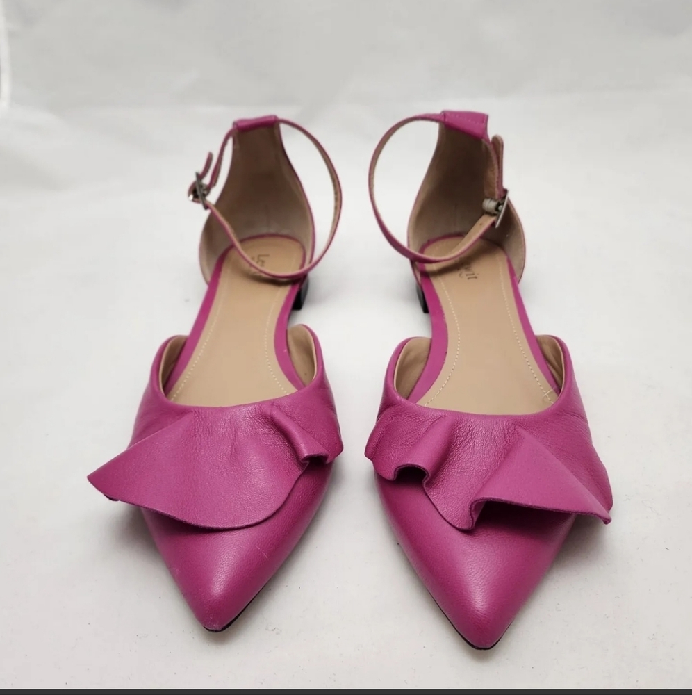 Lewit Womens Alesia Pink Ruffle Leather Ankle Strap Flat Shoes Size 8 (EU 39)